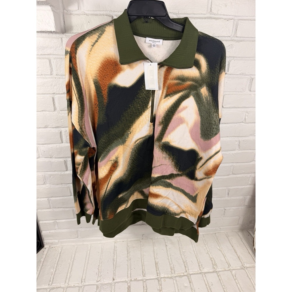 Westbound Woman 2X Abstract Print Pullover Quarter Zip Green Cotton NWT